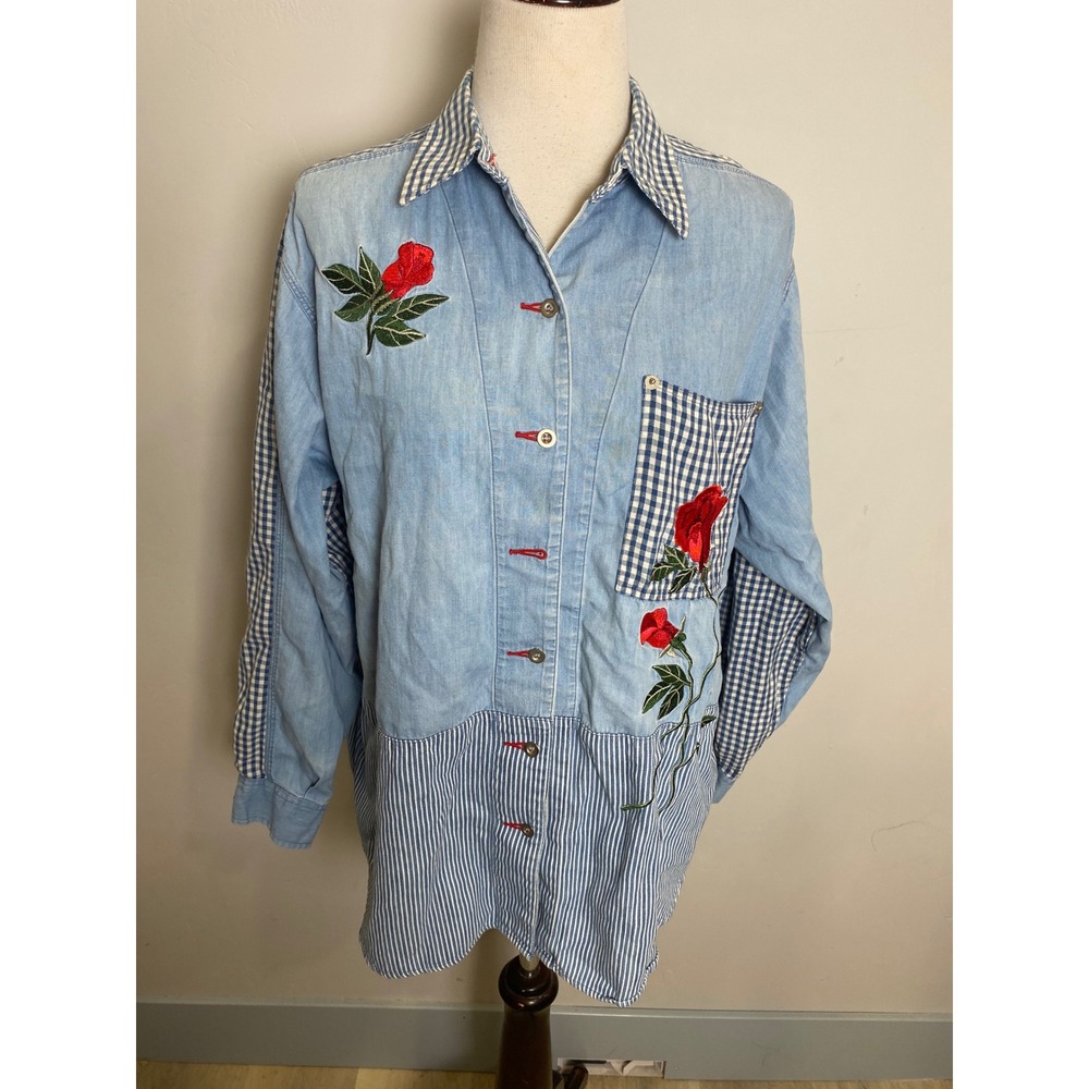 Vintage Cambridge Dry Goods Rose Embroidered Mixed Pattern Denim Shirt 90s